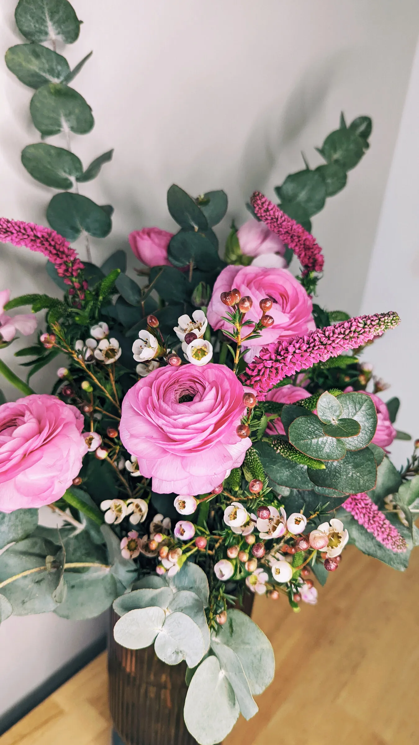 Ranunculus, Veronica & Eucalyptus Bouquet floral arrangement