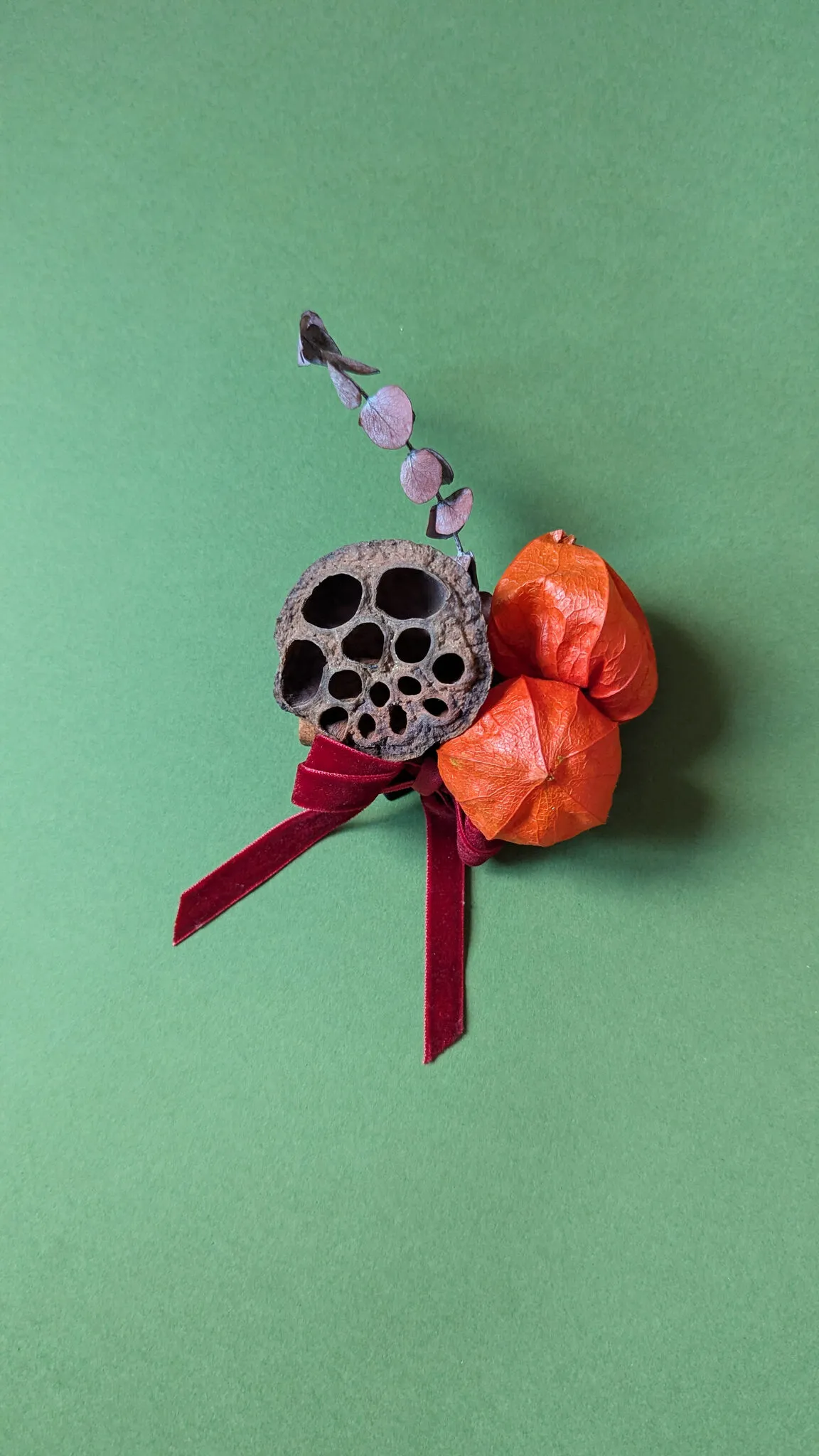 Natural Christmas baubles with physalis lanterns, lotus pods and velvet ribbon in warm rustic tones handmade in London - image 3