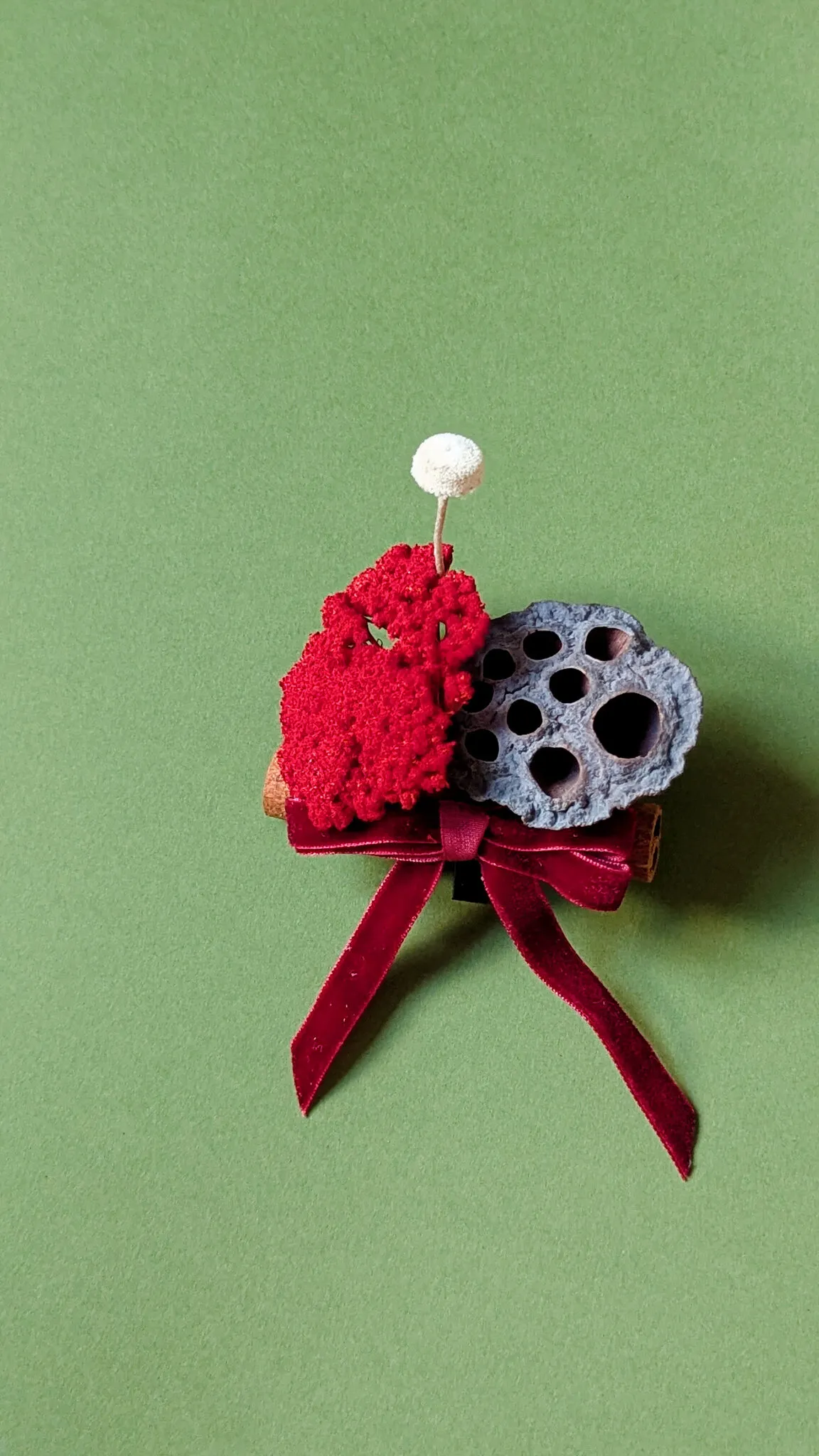 Natural lotus pod Christmas baubles with dried seed heads and burgundy velvet ribbon handmade in London - image 3